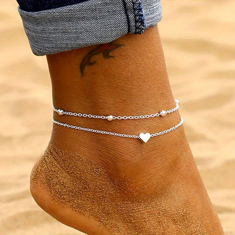 Boho Layered Love Heart Shape Beads Anklet Bracelet