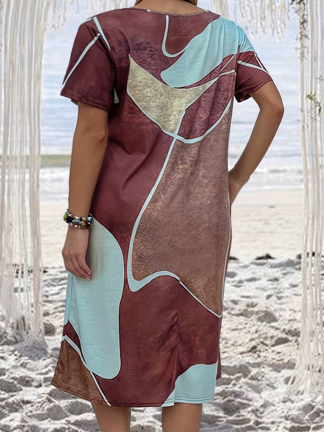 Casual Plus Size Dress with Pockets, Short Sleeve Print Round Neck
