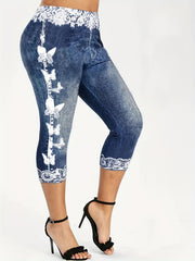 Printed Denim Slim Leggings High Waist Casual Women's Clothing