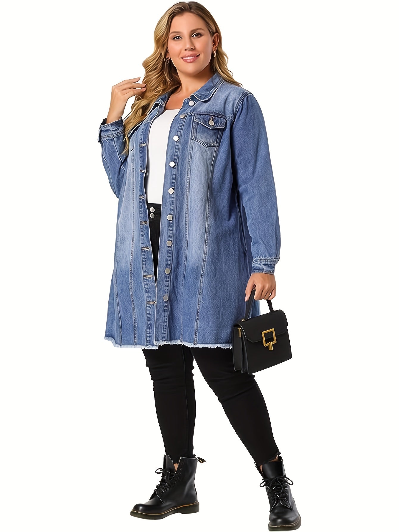 Casual Denim Top Women's Plus Washed Pipping Button Up Long Sleeve