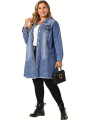 Casual Denim Top Women's Plus Washed Pipping Button Up Long Sleeve