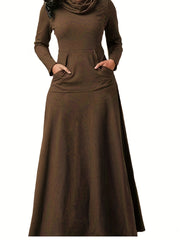 Solid Long Sleeve Maxi Dress with Pockets