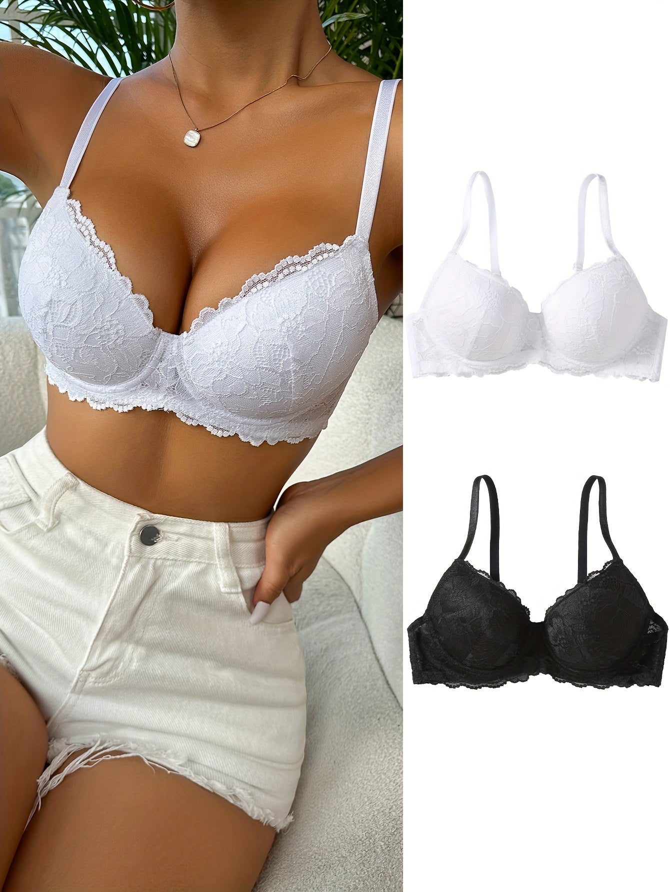 2pcs Lace Push Up Bras Comfy & Breathable Women's Lingerie