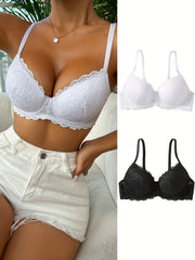 2pcs Lace Push Up Bras Comfy & Breathable Women's Lingerie