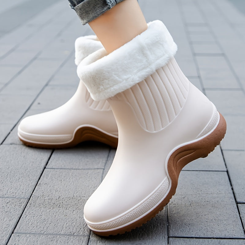 Women's Plush Lined Ankle Rain Boots Waterproof Non-slip Shoes