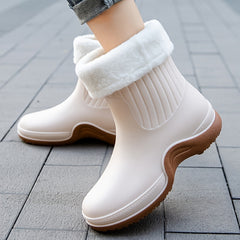 Women's Plush Lined Ankle Rain Boots Waterproof Non-slip Shoes