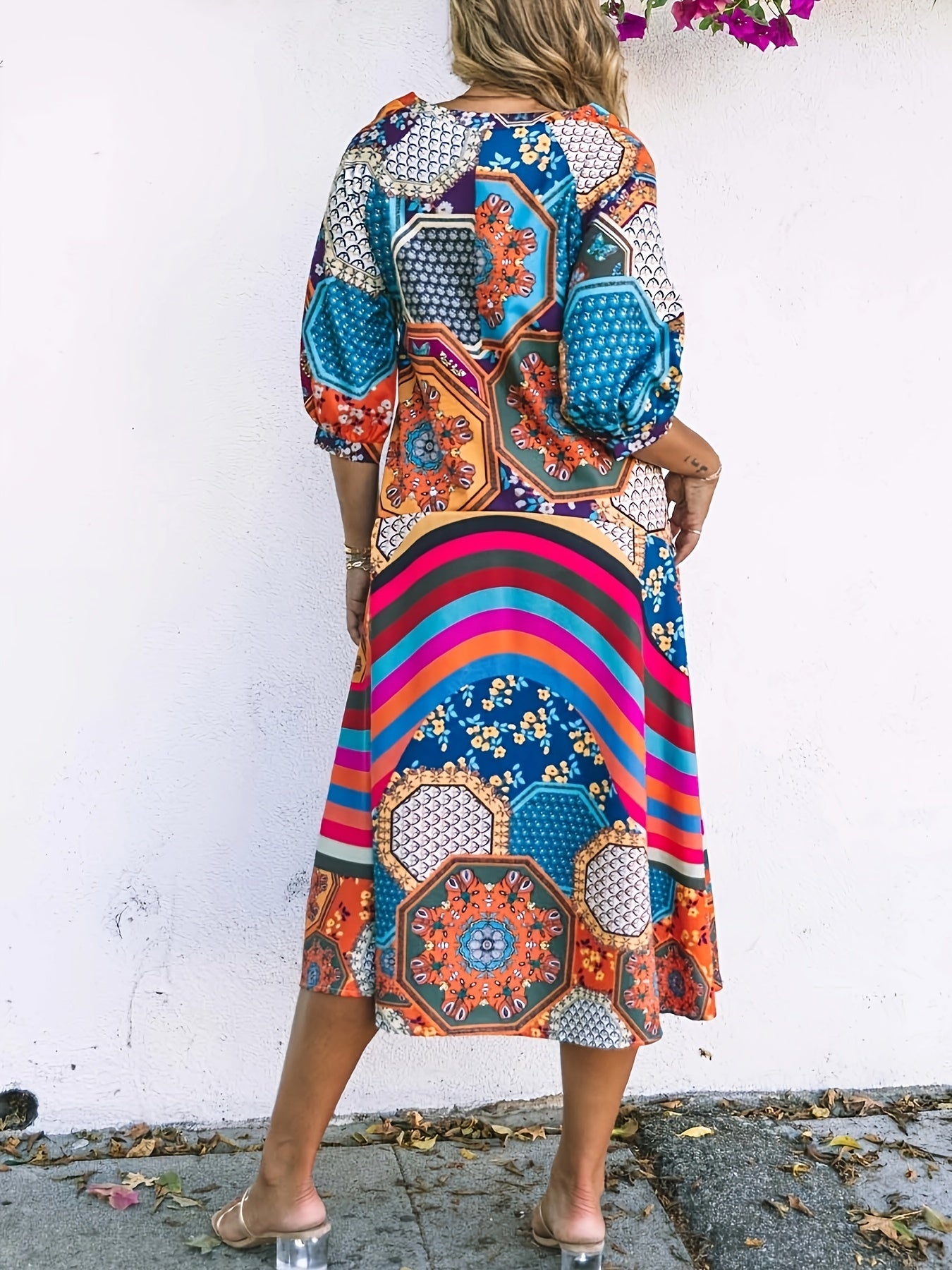 Boho Dress Women's Plus Geo Print Half Sleeve V Neck Stretch Dress