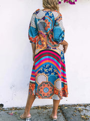 Boho Dress Women's Plus Geo Print Half Sleeve V Neck Stretch Dress