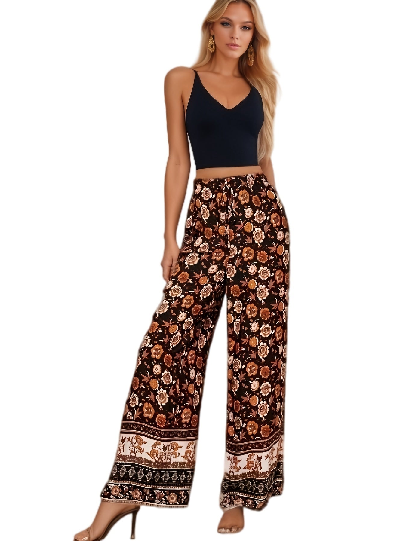 Floral Print Drawstring Pants Boho High Waist Pants