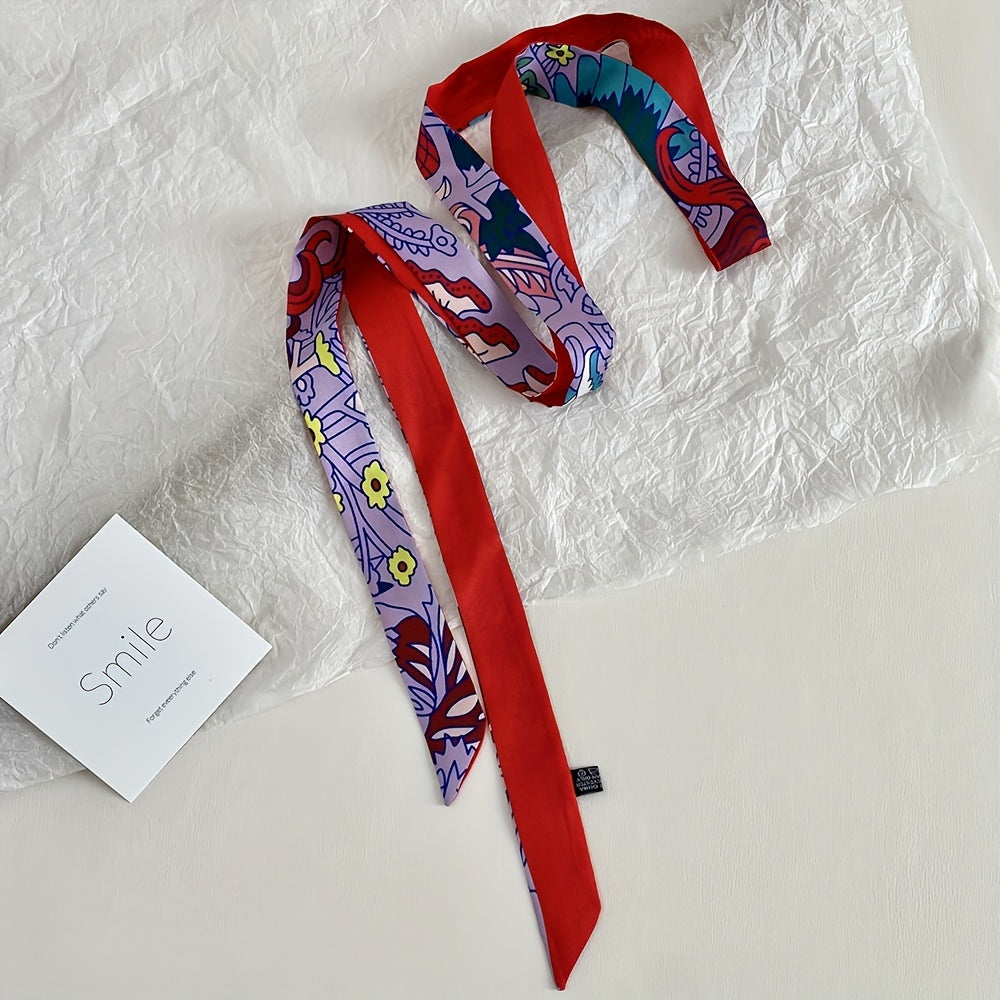 Flower Print Double Sided Long Ribbon Neckerchief Satin Twilly Scarf