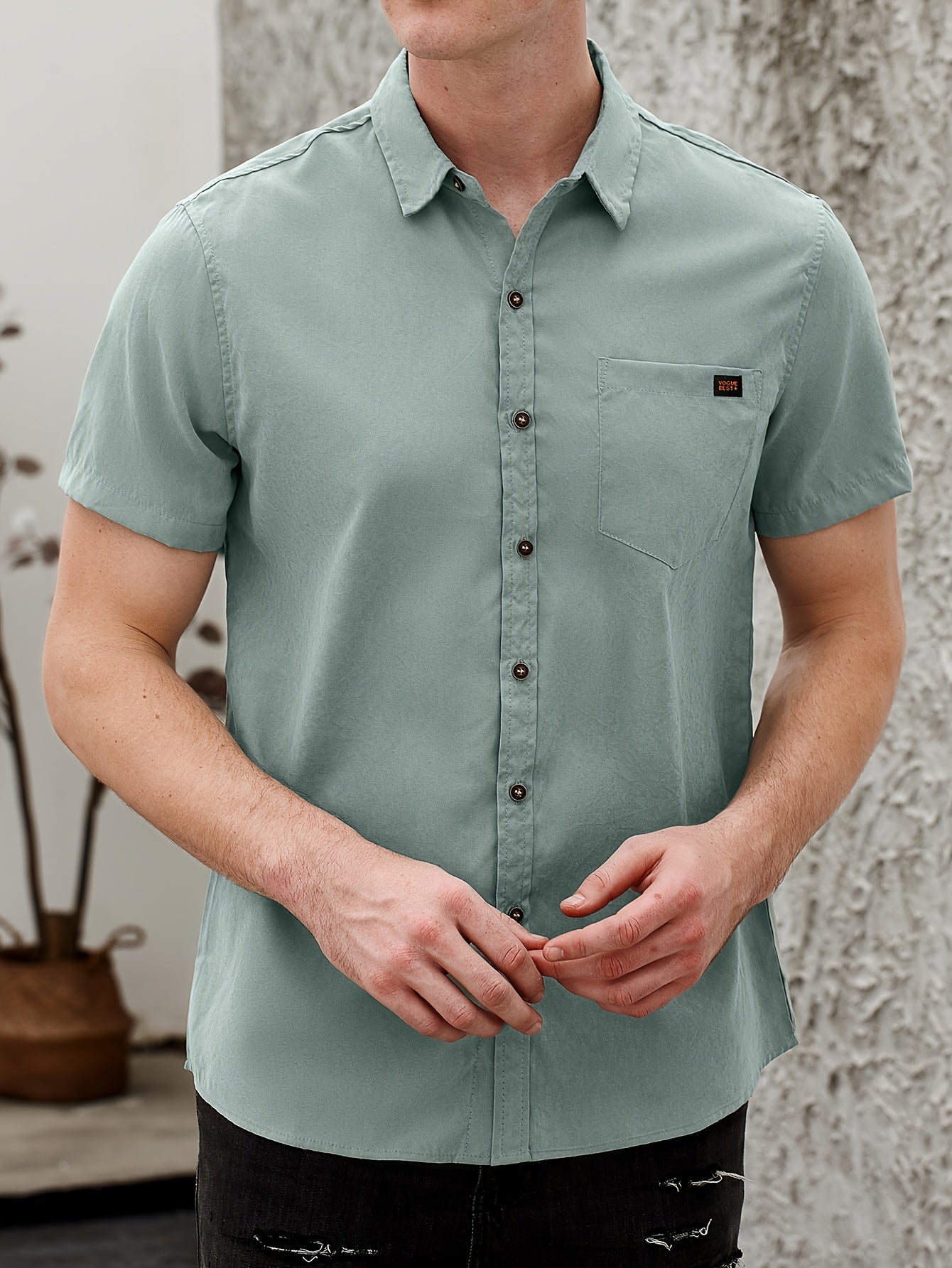 Men's Lapel Shirt with Chest Pocket Short Sleeve Button Up