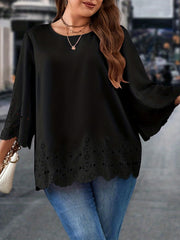 Plus Size Solid Lace Trim Three Quarter Sleeve Blouse