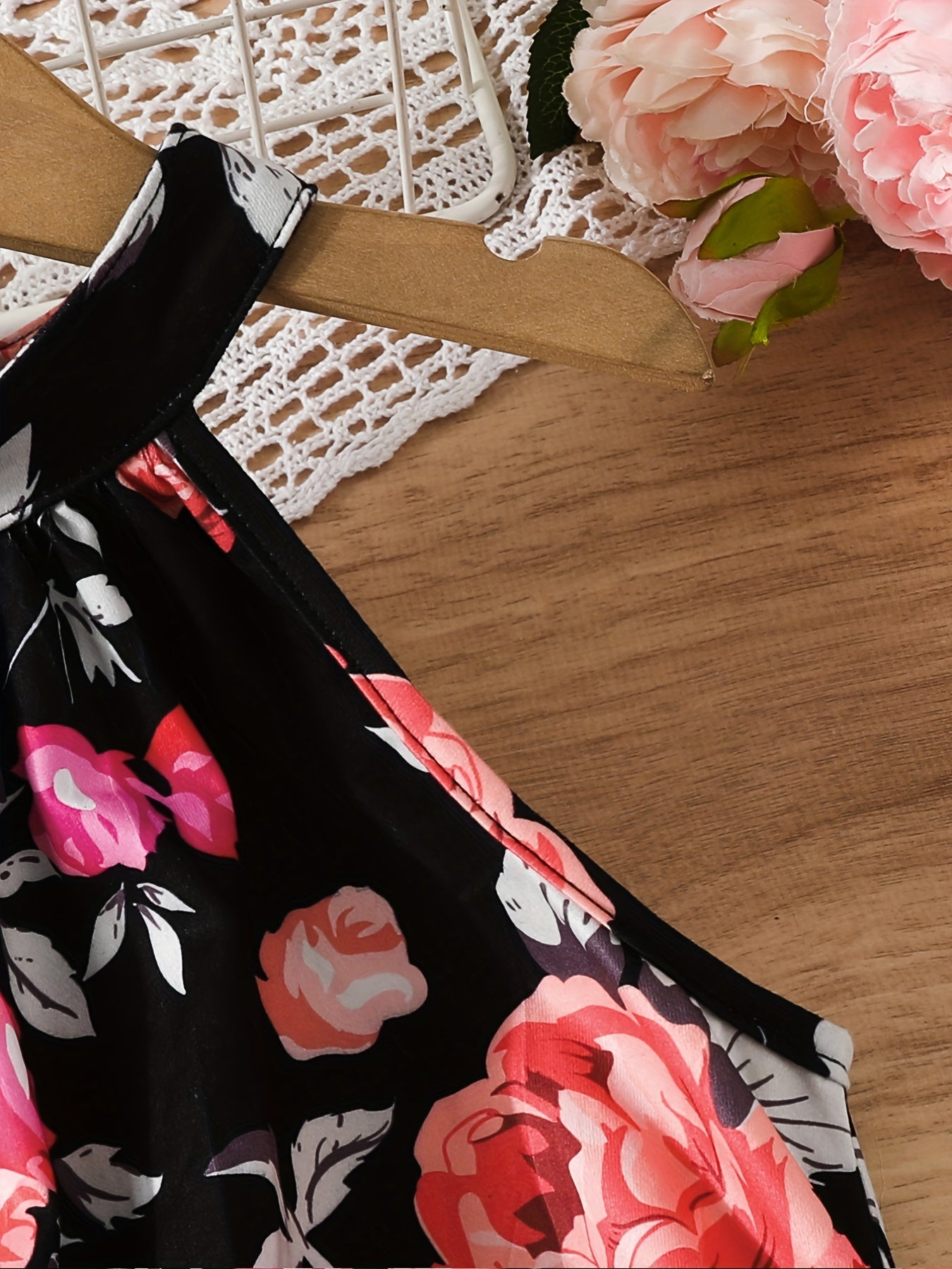 Girls' Rose Floral Print Halter Romper With Belt