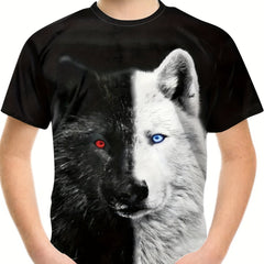 Boys' Wolf Graphic T Shirt: Breathable & Stretchy Tee for Outdoor Fun