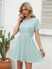Floral Print Shirred Waist Dress Crew Neck Short Sleeve Dress