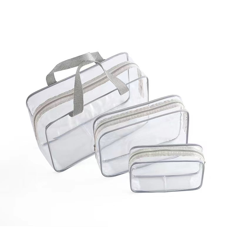 3Pcs Clear Cosmetics Toiletry Bag Portable PVC Travel Wash Storage Grey Pink