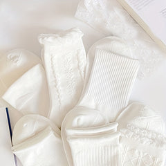 6 Pairs Ruffle Mid Tube Socks Women's Stockings & Hosiery