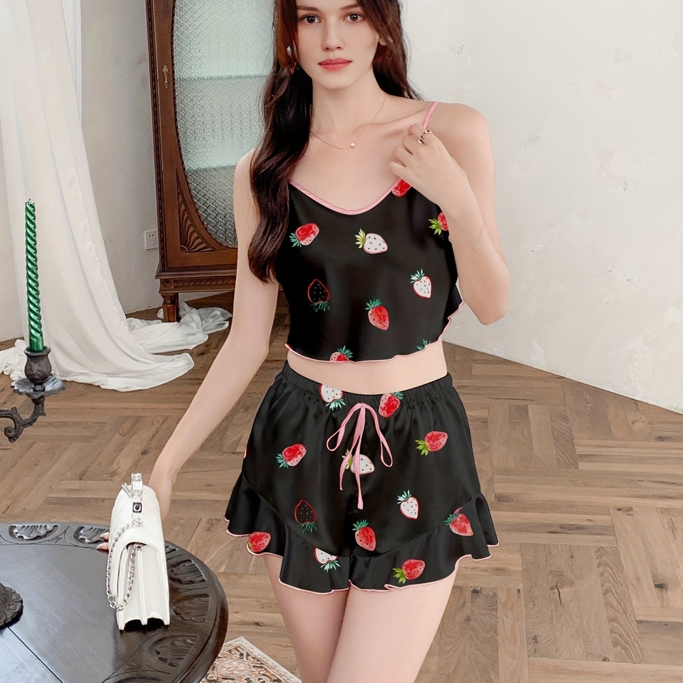 Strawberry Print Pajama Set V Neck Cami Top & Ruffle Shorts