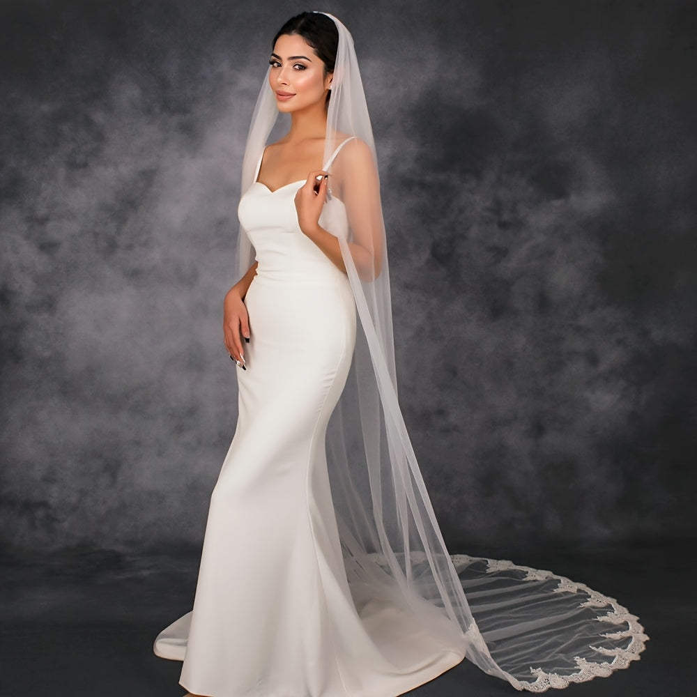 Single Layer Bridal Veil With Lace Trim Sheer Tulle Wedding Accessory