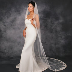 Single Layer Bridal Veil With Lace Trim Sheer Tulle Wedding Accessory