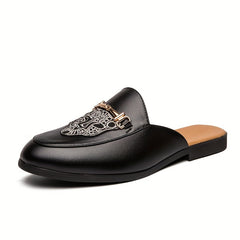 Leopard Embroidered Flat Mules with Metal Buckle, Anti-skid Slides Shoes
