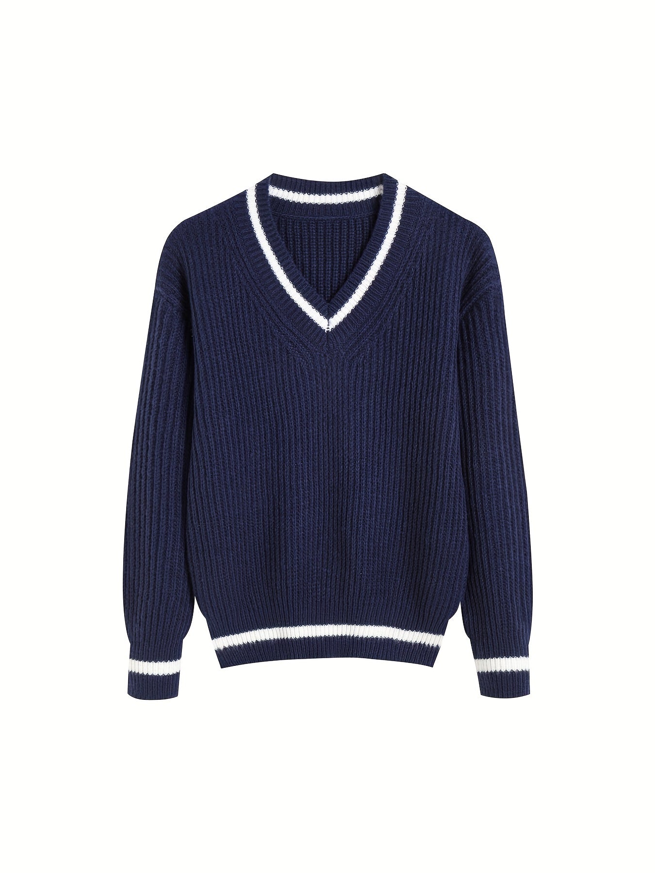 Striped Print Knit Sweater V Neck Long Sleeve Women's Clothing