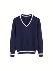 Striped Print Knit Sweater V Neck Long Sleeve Women's Clothing