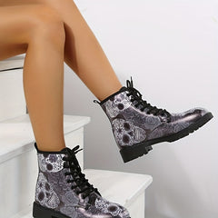 Skull & Flower Round Toe Ankle Boots Chunky Low Heel Short Boots