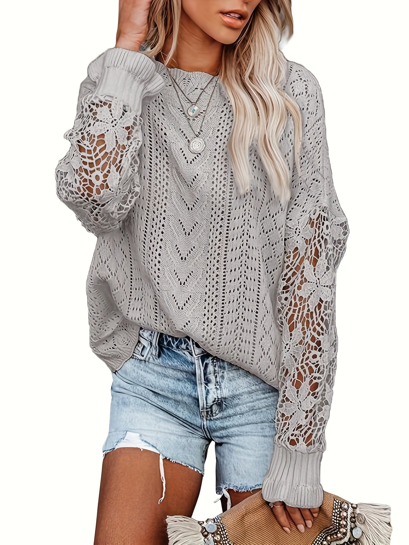 Lace Eyelet Knit Sweater Crew Neck Long Sleeve Women's Clothing