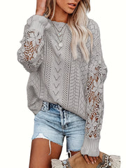 Lace Eyelet Knit Sweater Crew Neck Long Sleeve Women's Clothing