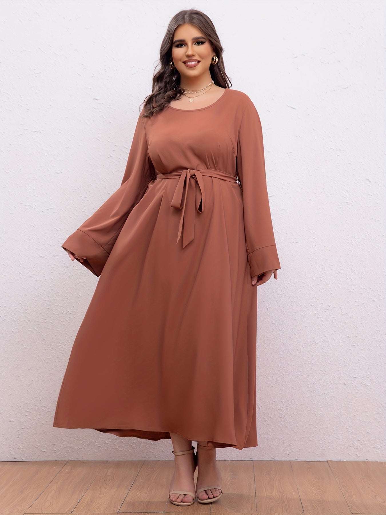 Boho Abaya Dress Women's Plus Solid Long Sleeve Maxi Jalabiya Dress