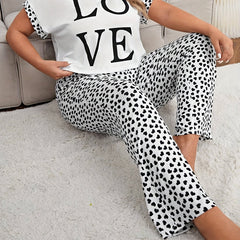 Loungewear Set: Graphic Tee & Heart Print Pants Pajama