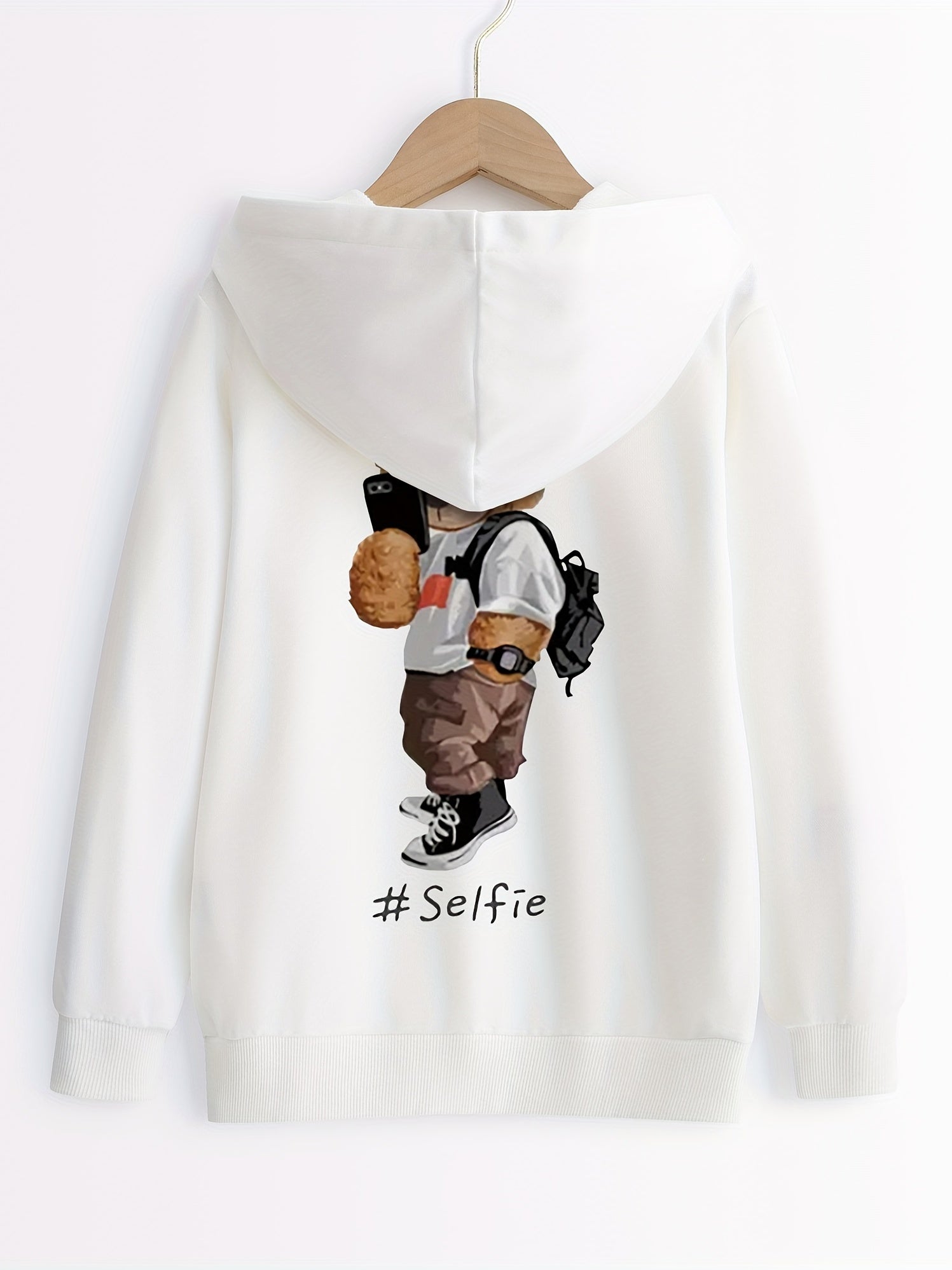 Selfie Bear Print Boys Casual Pullover Hooded Sweatshirt