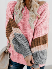 Striped Lantern Sleeve V Neck Sweater