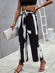 All Over Print Paper Bag Waist Pants Casual Belted Pants