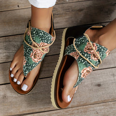 Rose & Leopard Print Thong Sandals Roman Style Beach Sandals
