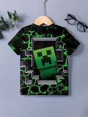 Clash Square Man Pattern T shirt For Kids Short Sleeve Top Casual Tee Boy's Clot