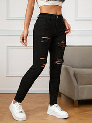 Stretchy Ripped Slash Pockets Pencil Jeans Slim Fitting Button Long Pants