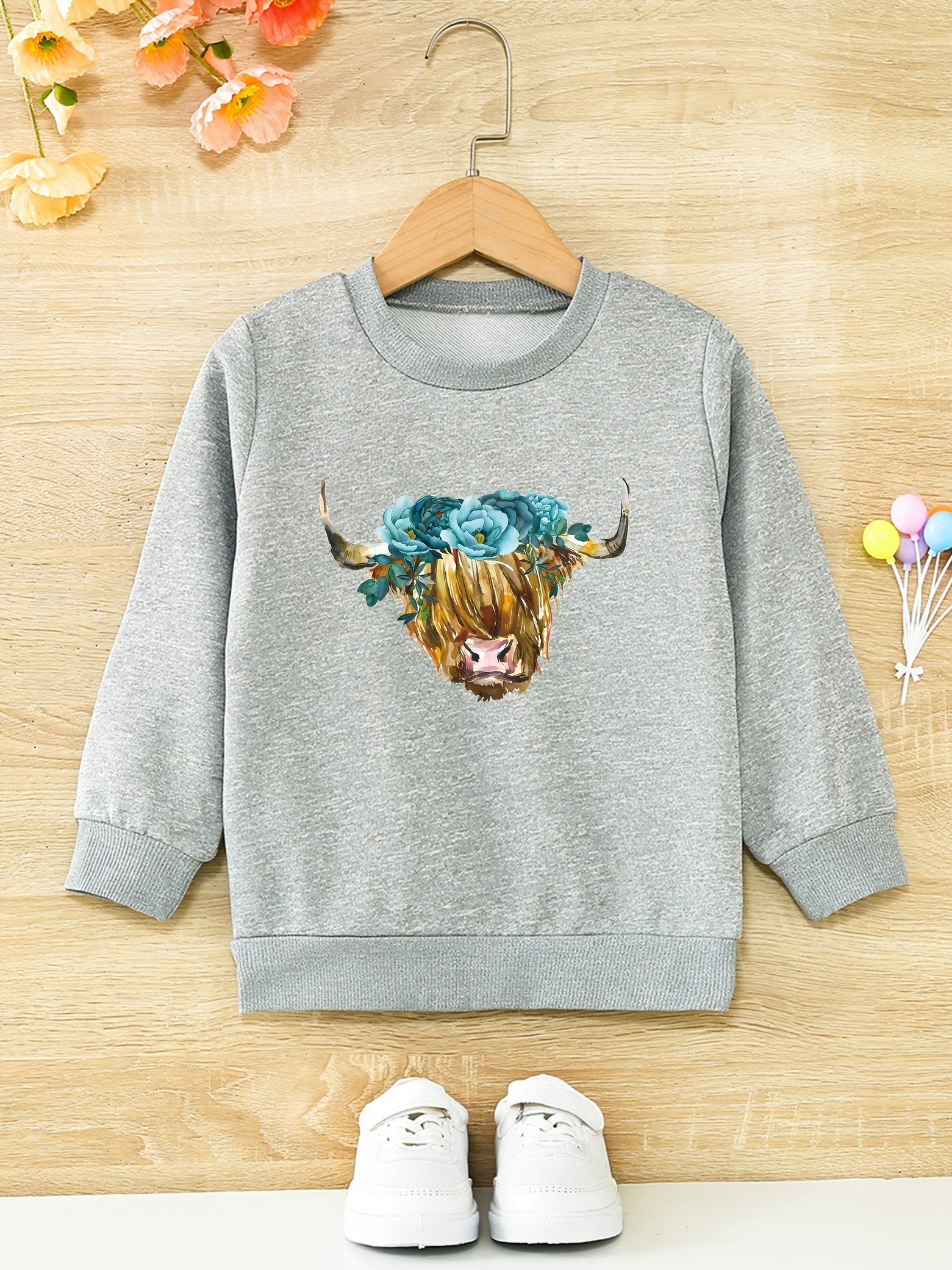 Floral Cow Graphic Girls Round Neck Sweatshirt