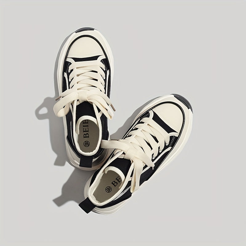 Colorblock Lace Up Canvas Shoes High Round Toe Non Slip Skate Shoes