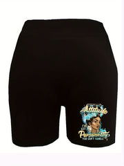 Plus Figure & Letter Print High Rise Biker Shorts