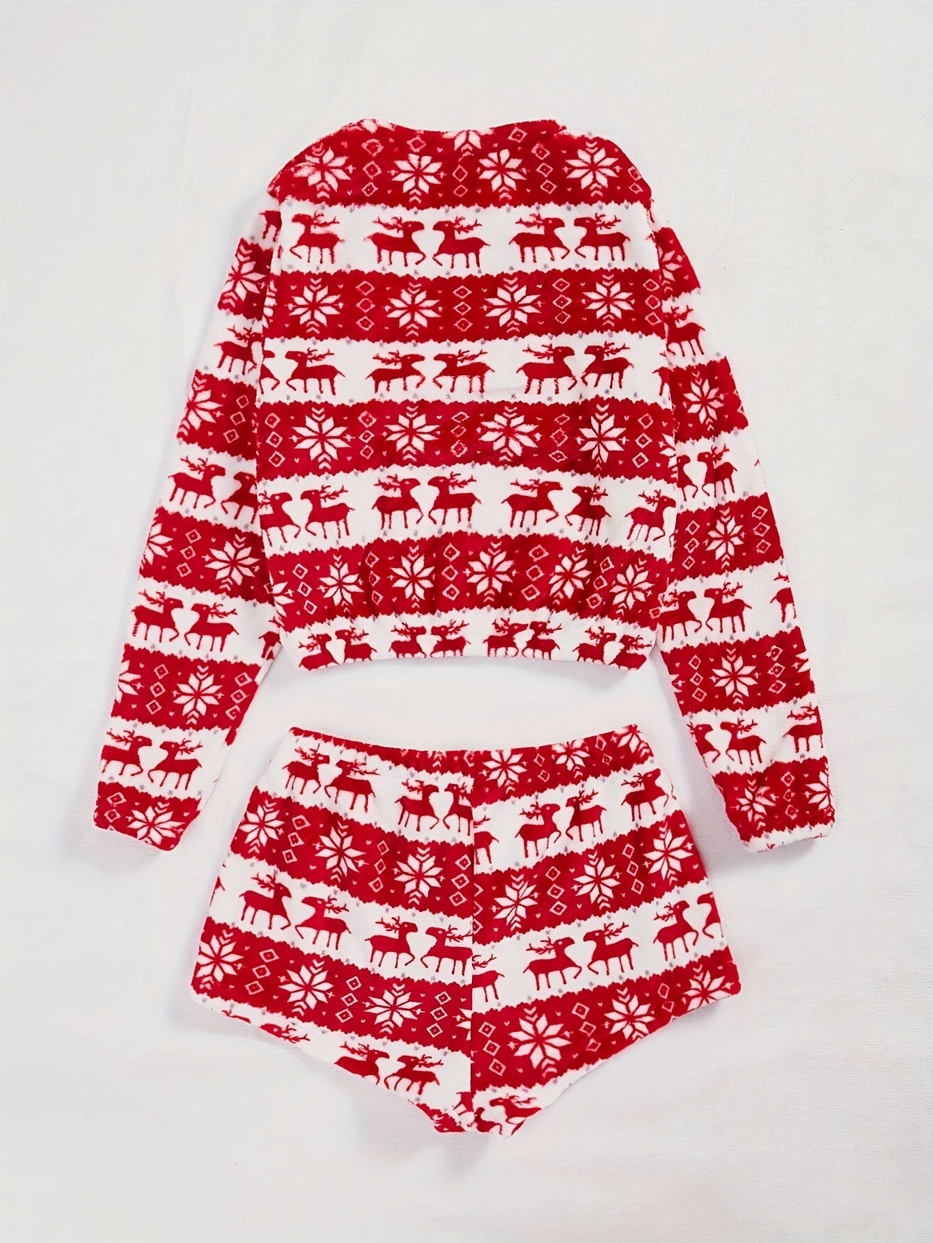 Christmas Plush Pajama Set Crew Neck Long Sleeve Top & Shorts