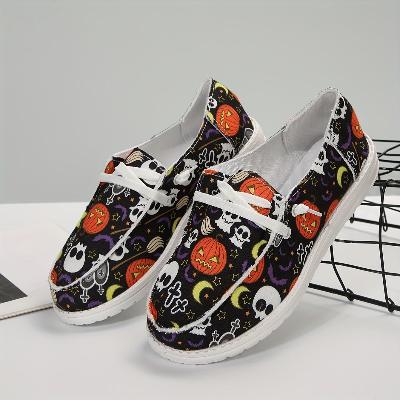 Women's Pumpkin Skull Pattern Flat Loafers Slip On Lightweight Casual