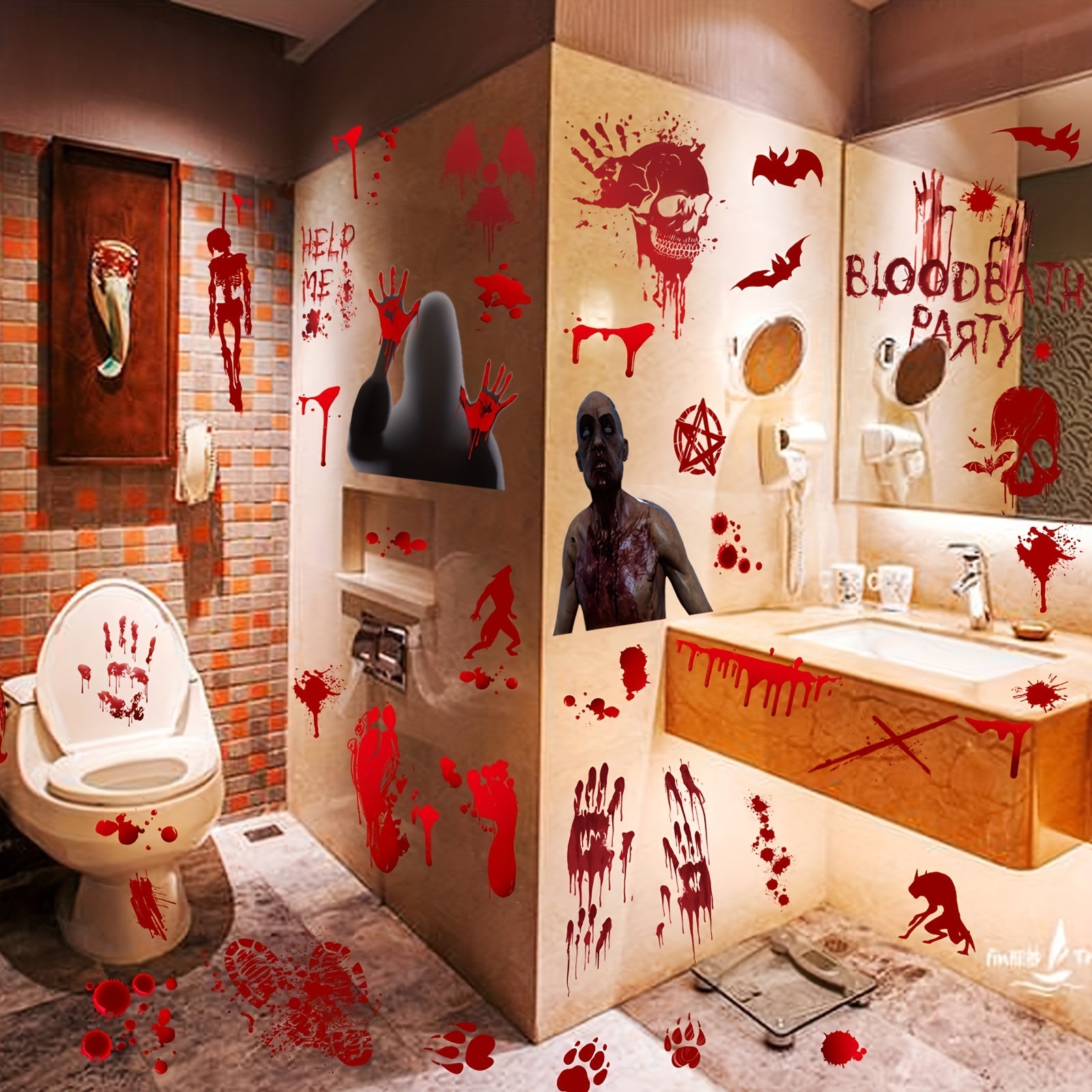 Halloween Blood Print Electrostatic Stickers - Horror Skull Toilet Window Decals
