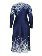 Women's Plus Snowflake Print Long Sleeve Maxi Dress
