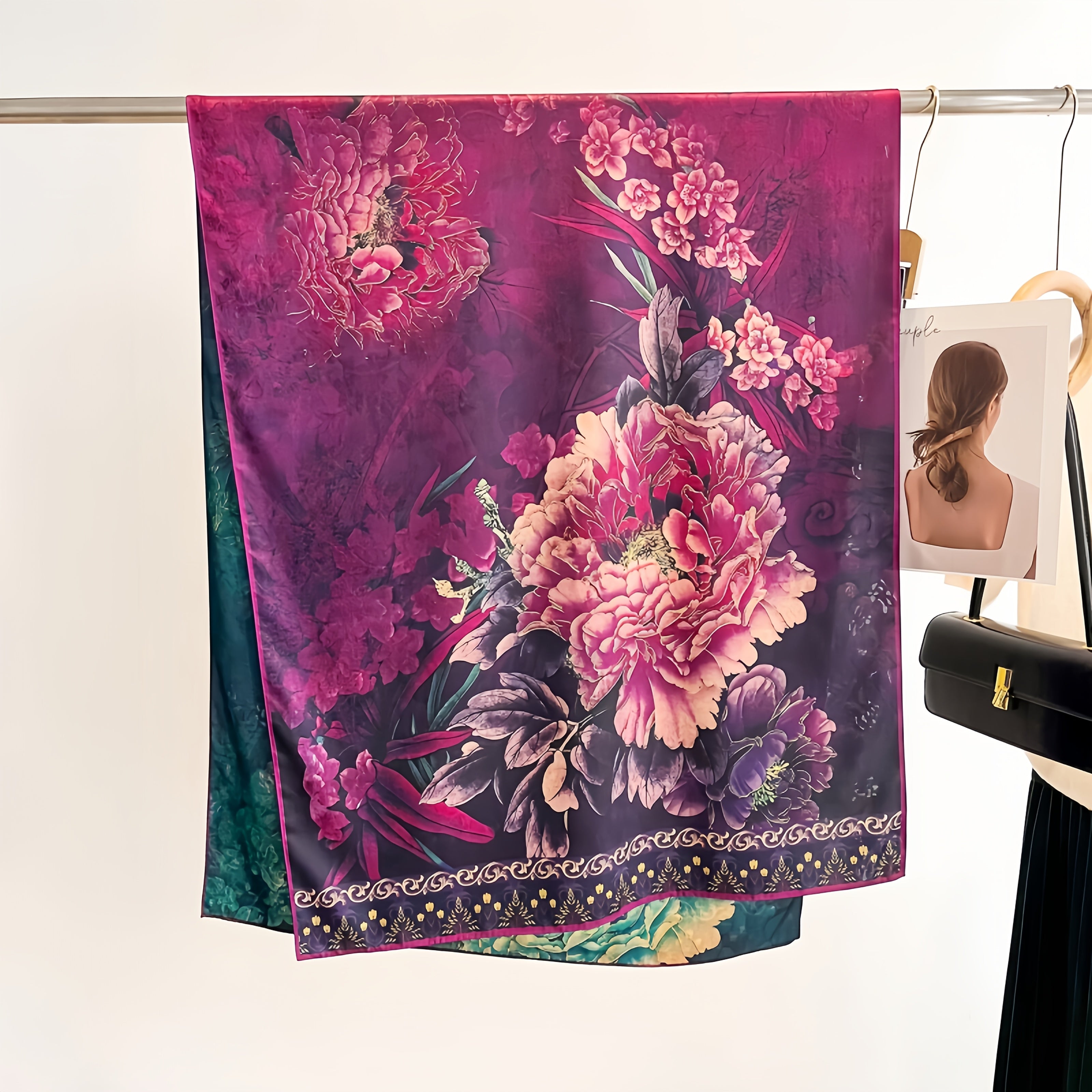 Chinese Style Purple Peony Floral Print Shawl Scarf Lightweight Silk