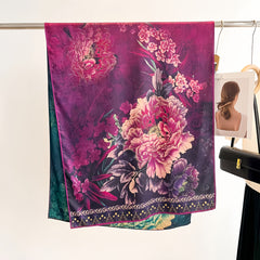 Chinese Style Purple Peony Floral Print Shawl Scarf Lightweight Silk