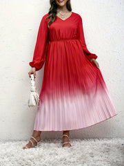 Ombre Print Long Sleeve V Neck Pleated Dress