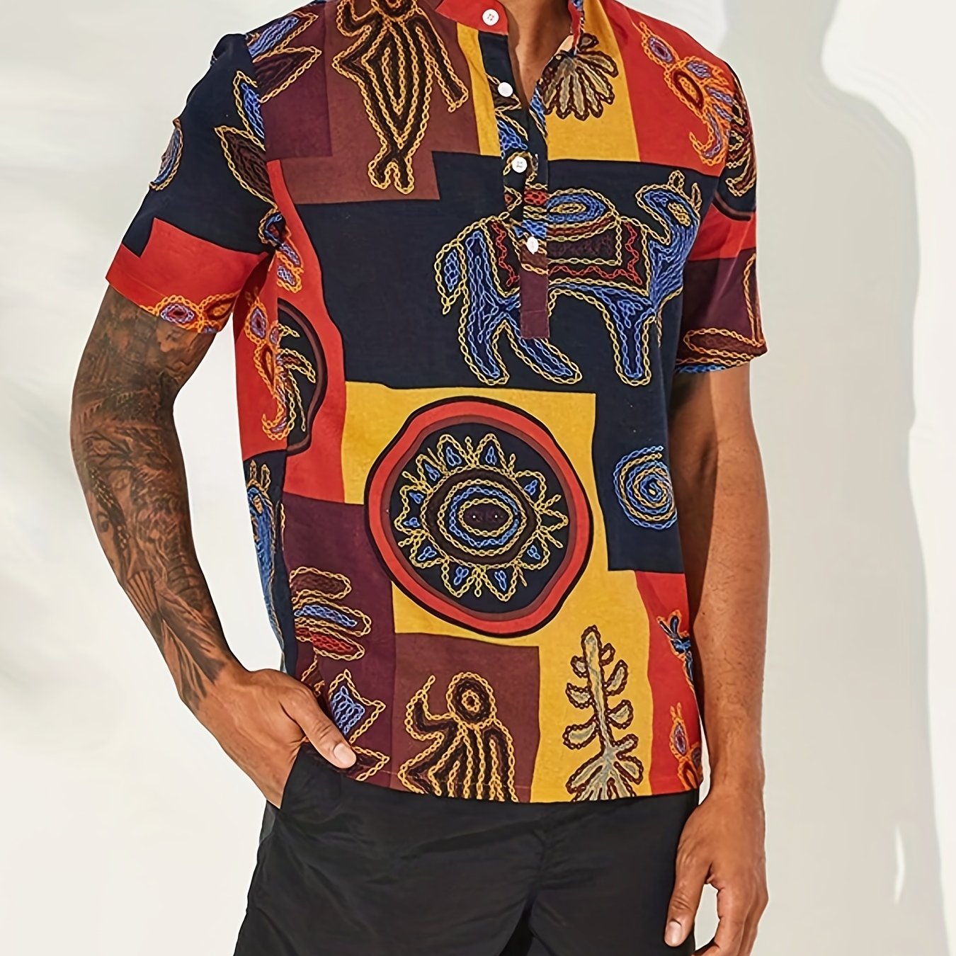 Vintage Ethnic Style Men's Short Sleeve Stand Collar Shirt For Summer