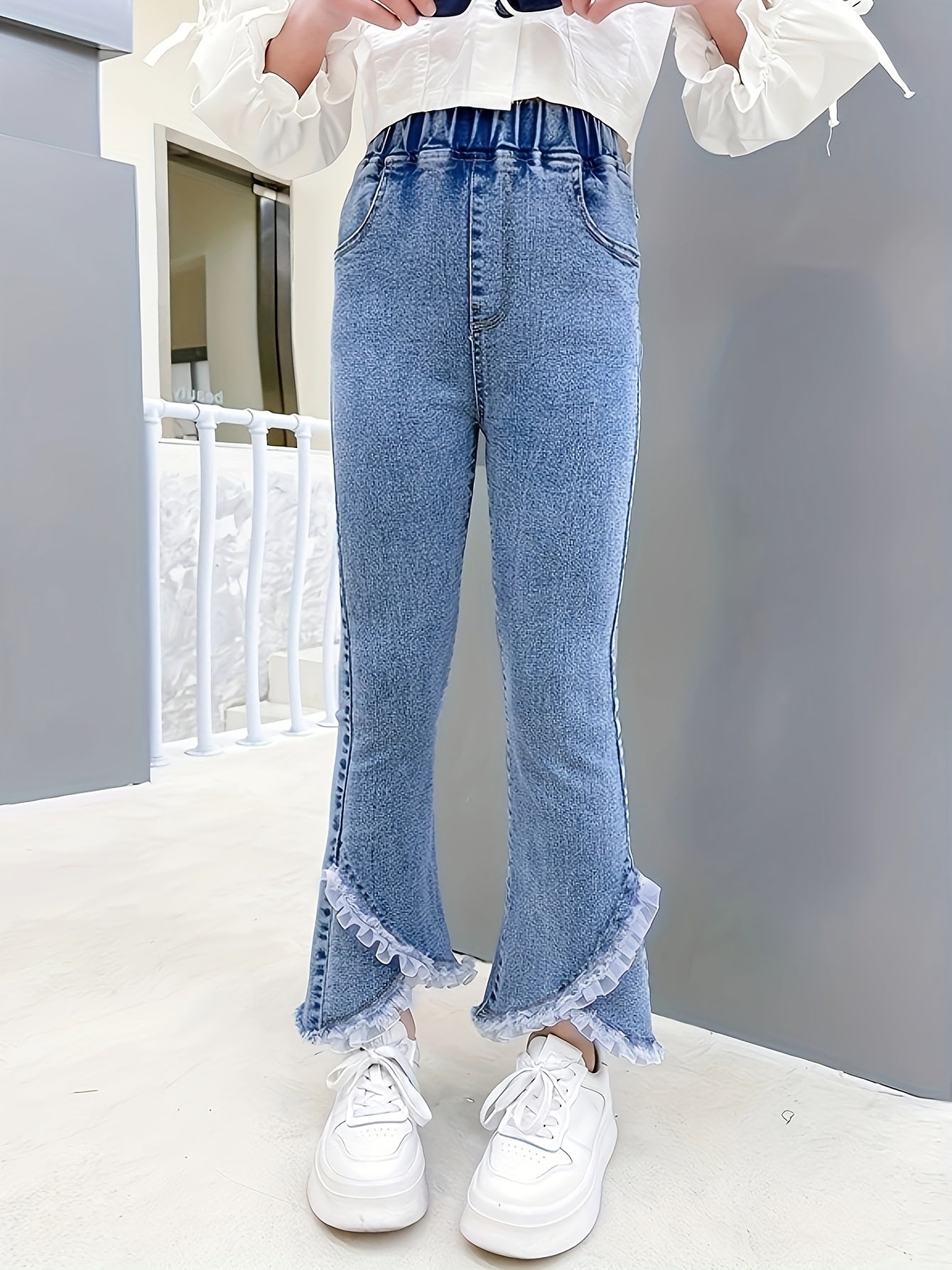 Girls Flared Denim Pants with Lace Trim for Kids